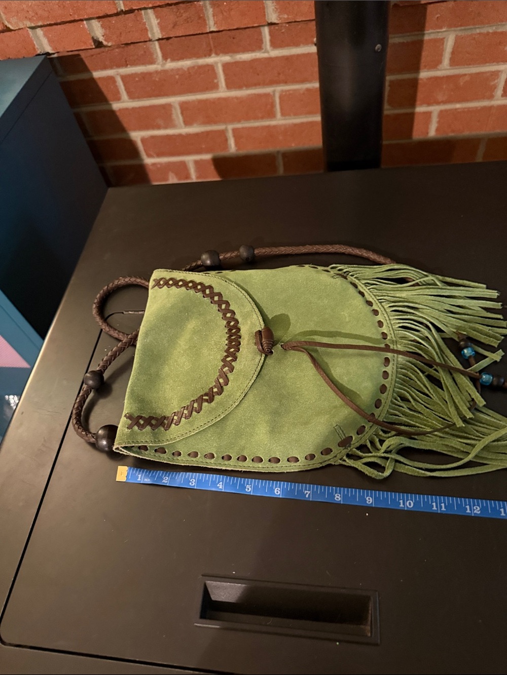Lucky Brand Green Suede Fringe Crossbody with Braided Trim